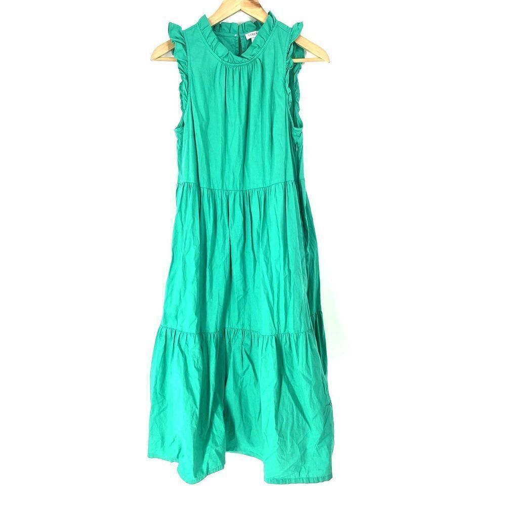 J Crew Dress Size 6 Green Sleeveless Ruffle Tiered Poplin Midi Cottagecore Prep